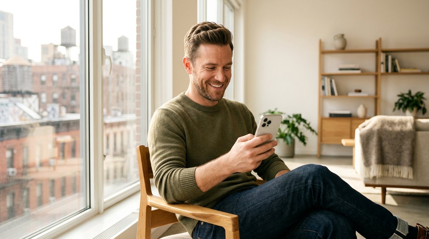Happy person smiling and using WhoCaller on their phone
