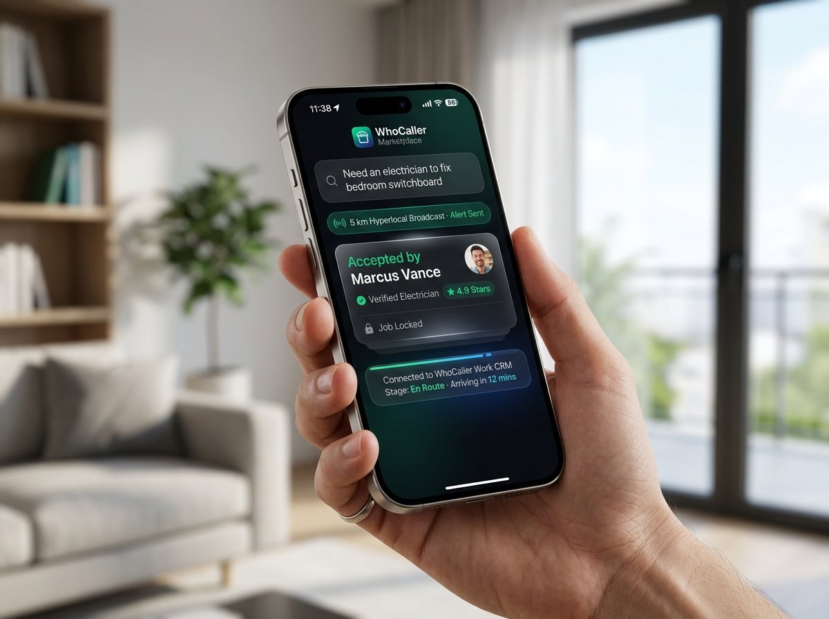 WhoCaller Marketplace Hyperlocal AI Radar connecting plain-English requests to verified profiles within 5 km with instant request lock and WhoCaller Work CRM status sync