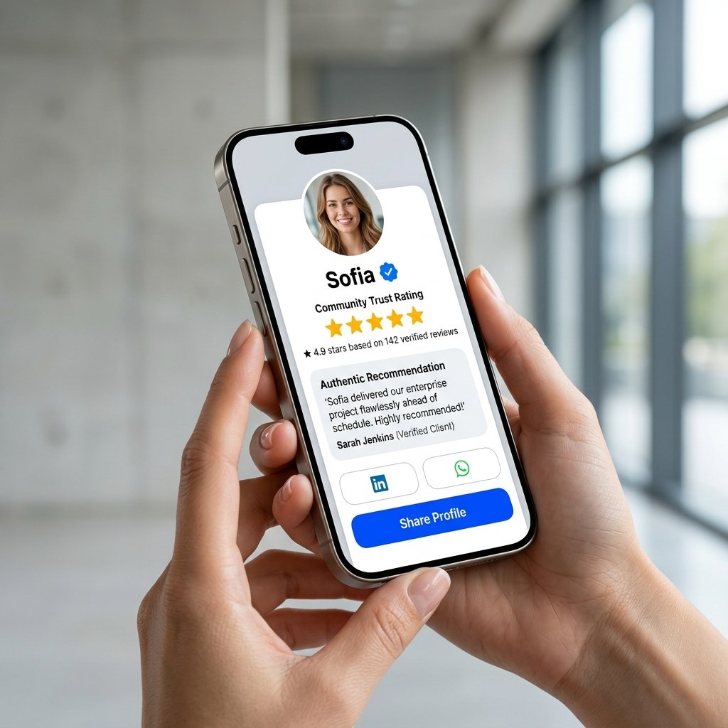 WhoCaller Social Profile showing verified rating, authentic reviews, and share profile button on smartphone