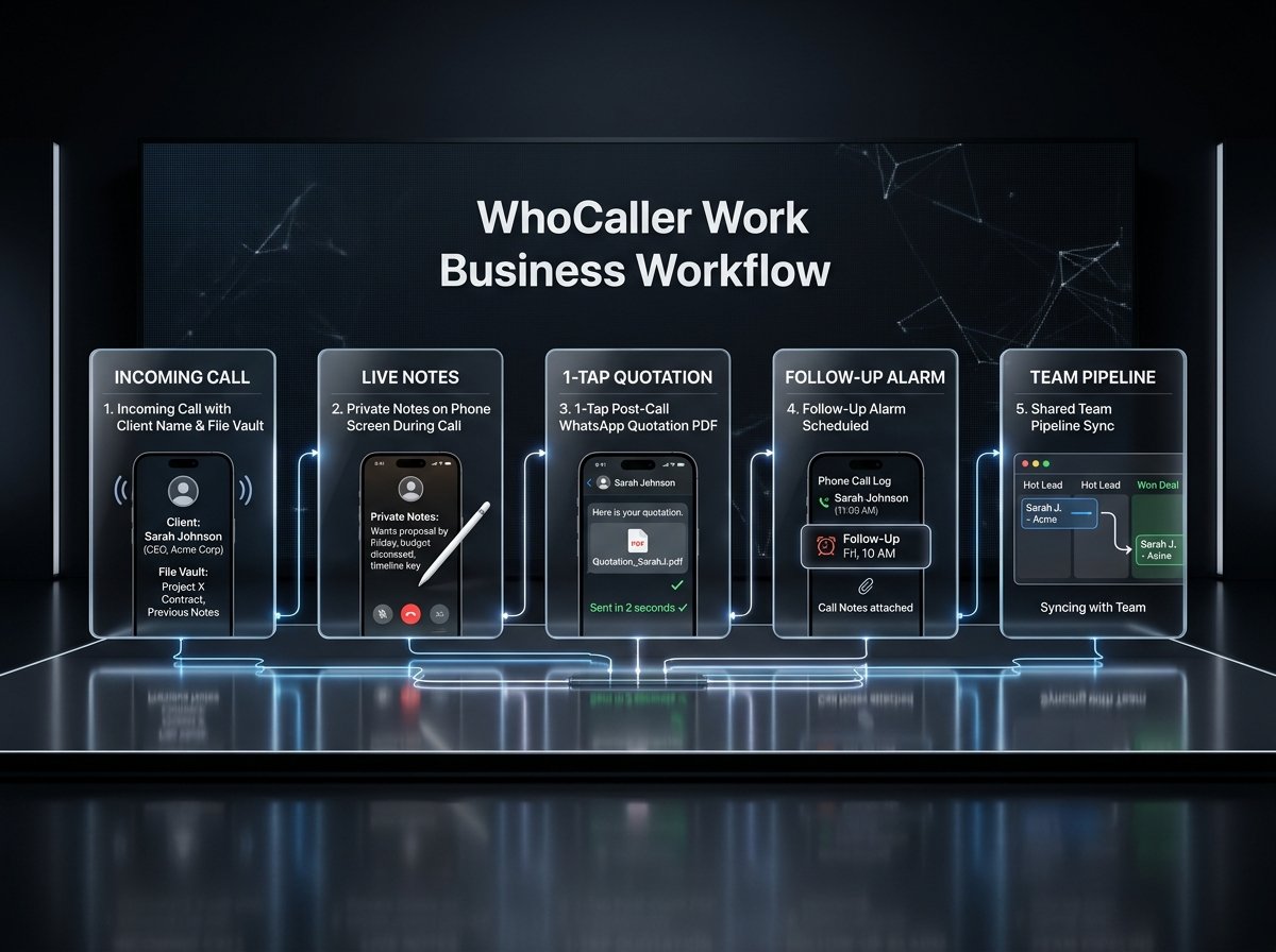 WhoCaller Work 5-Step Business Workflow Diagram